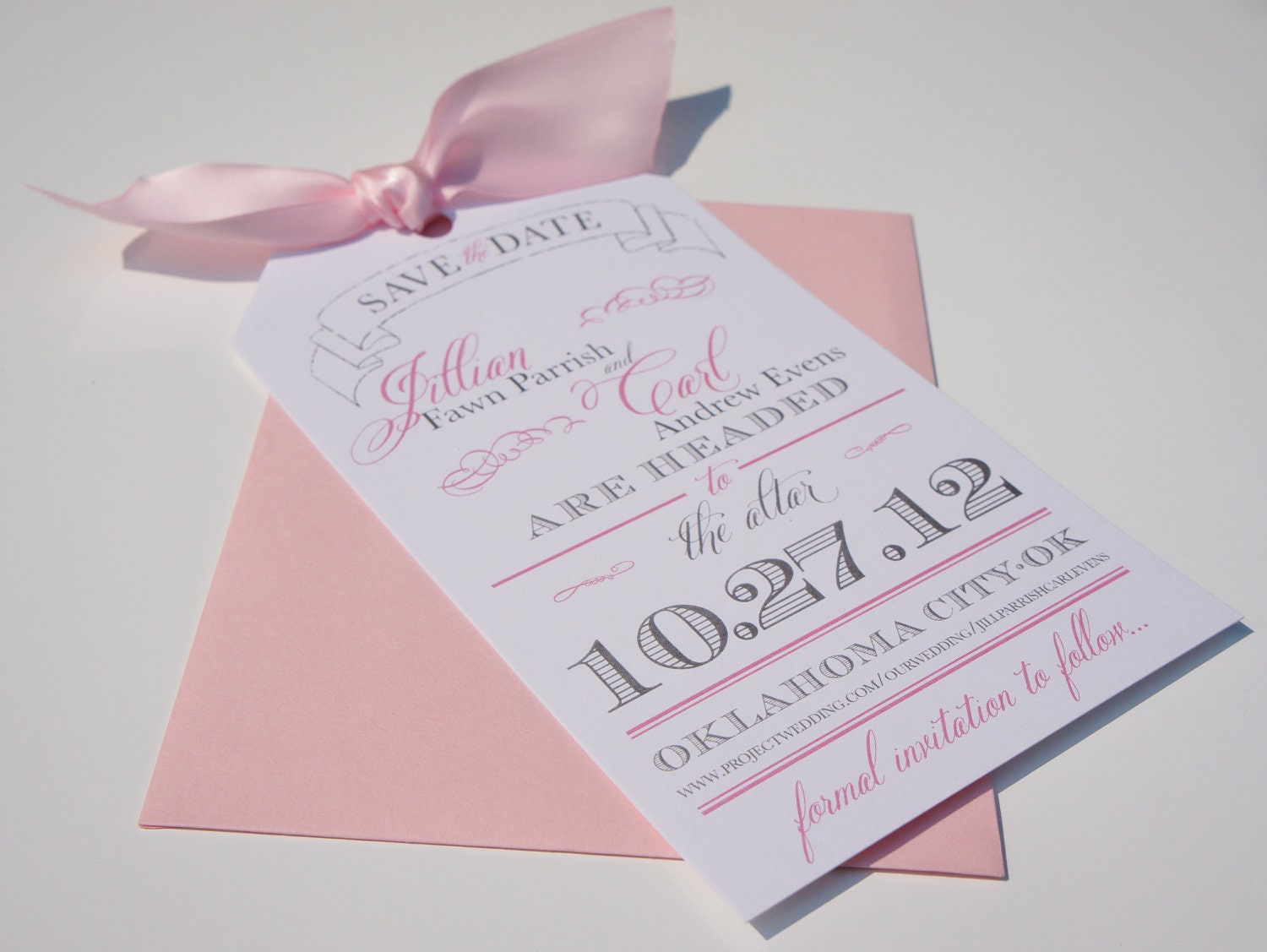 Save the Date Luggage Tag Pink and Gray Card with Ribbon  "Away We Go" -- DEPOSIT