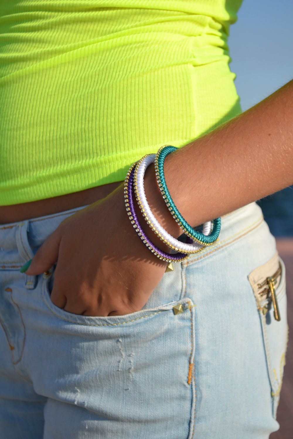 Set Of 3 - Cord and Rhinestones Bracelets / Bangles - Handmade by PinkSugArt