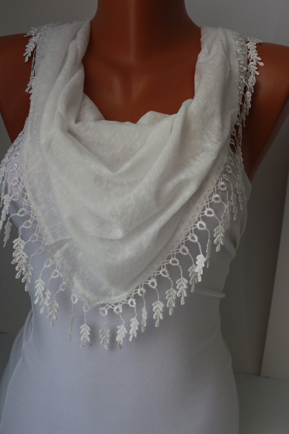 White Shawl Scarf - Headband Cowl with Lace Edge-Summer Trends