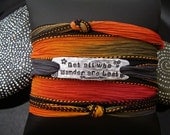 SALE D2E silk yoga wrap bracelet hand stamped "Not All Who Wander Are Lost" charm, magnetic clasp