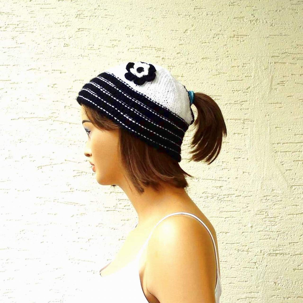 Holed knitting women beret, black and white striped with a crochet flower, gift for her