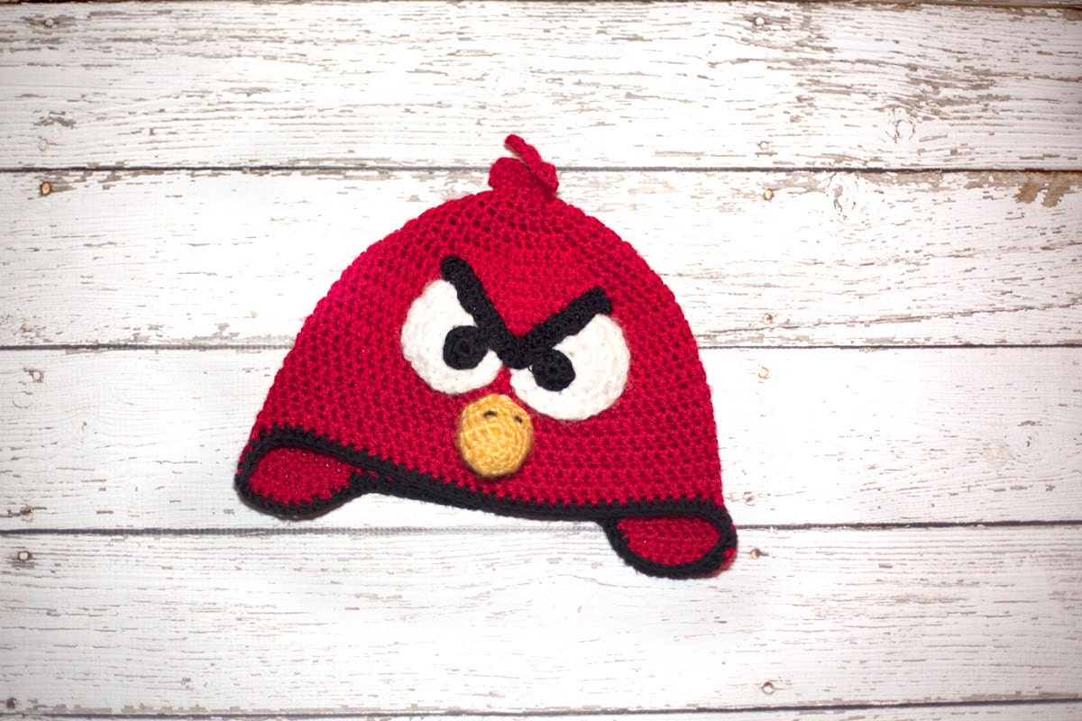 Red Mean Bird Crochet hat -  Red, Black, white and yellow - Photography Prop - Made to Order