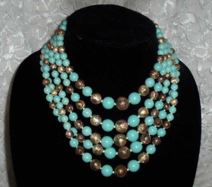 LARGE BIB NECKLACE Vintage Aqua and Brass Colored Beads Very Retro