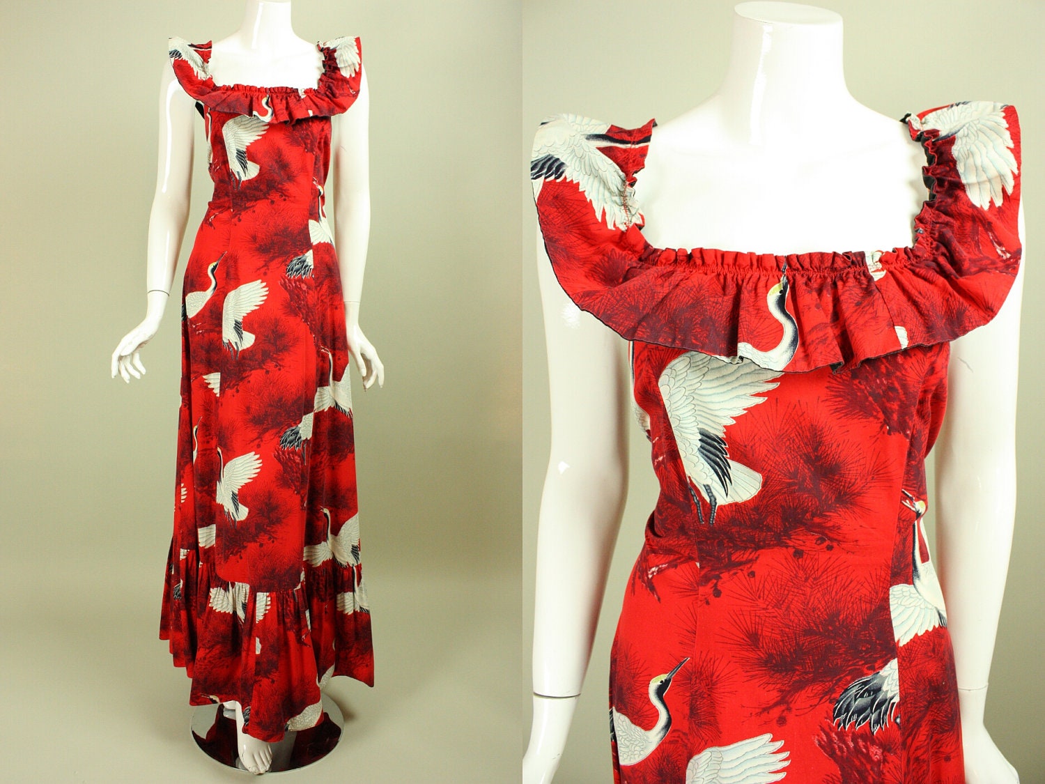 Vintage 1950s MALIHINI HAWAIIAN DRESS Gown Sleeveless Red Cranes/Heron Asian Print Ruffle Collar Printed