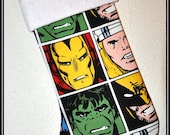 Marvel Avengers Holiday Christmas Stocking - Cotton with White Minky Cuff - Sci-Fi Geek - Handmade, Matching Lining, Ribbon