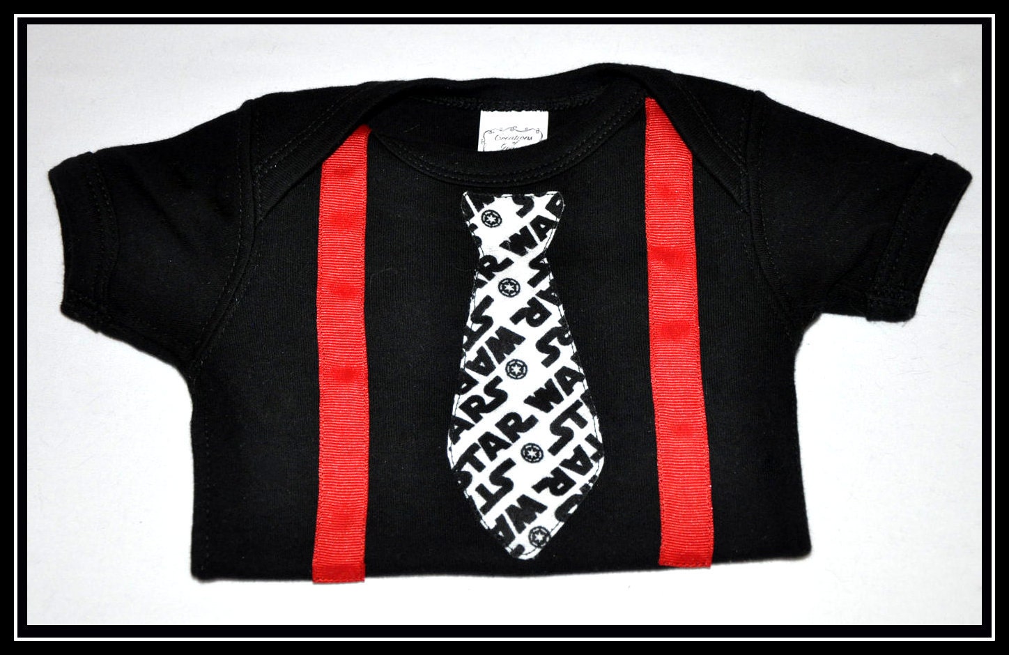 CUSTOM Star Wars Onesie with Tie and Ribbon Suspenders - Geek-a-bye Baby Clothing -- Sci-Fi Geek - Handmade -- Available in Many Sizes