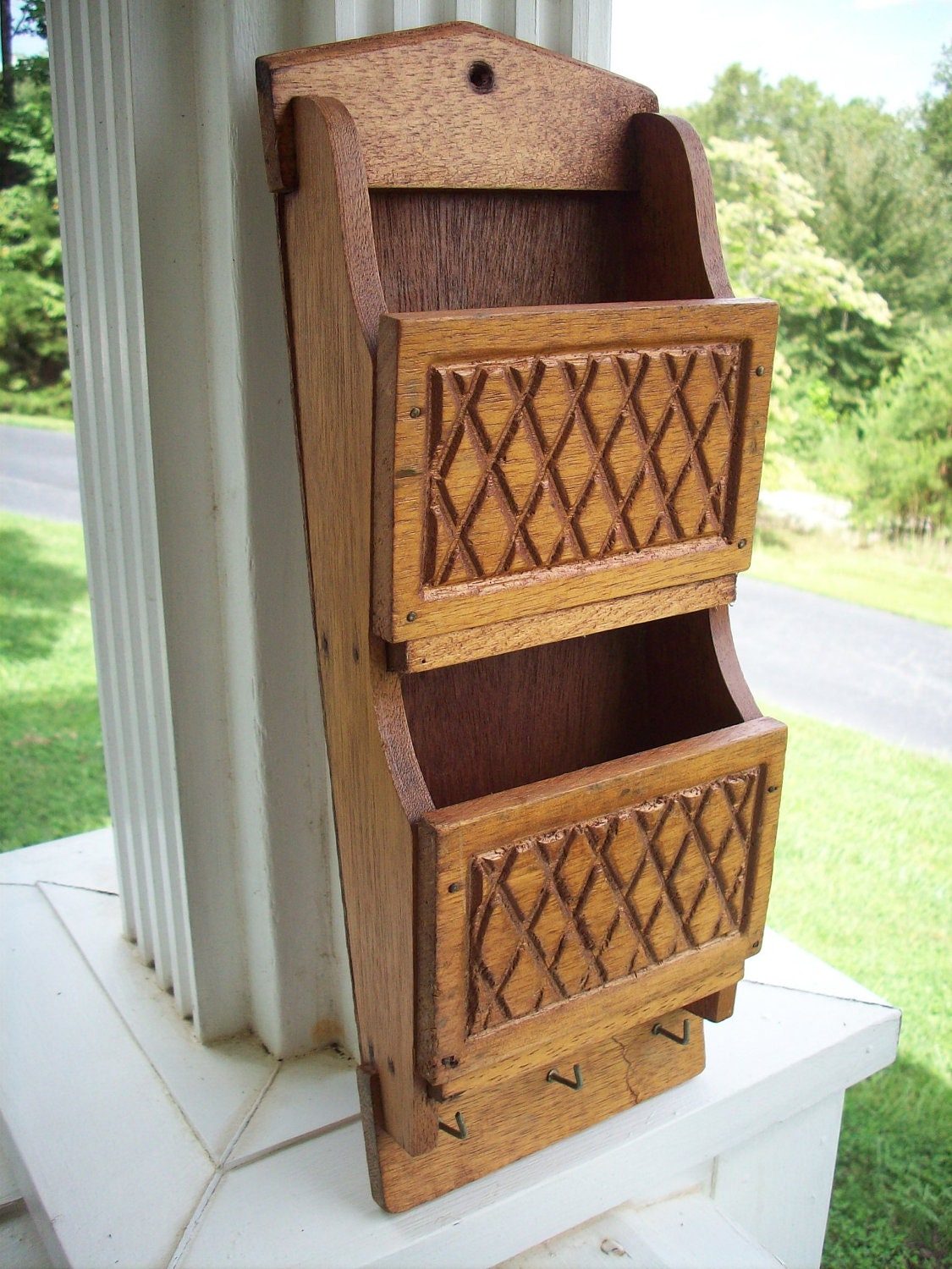 Vintage Wood Mail Holder with Key Hooks Mail by WellIWasSavinIt
