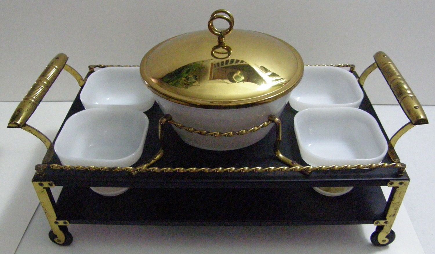 Fire-King Candle Warmer - 12 Piece Milk Glass Set with Fancy Cart - mid-Century