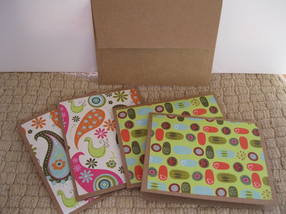 Set of Four/4 Blank Cards, Multi-Colored, Paisley, Floral, Birds, Hearts