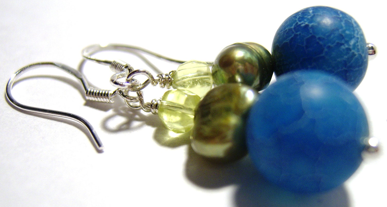 Genuine blue and green semi-precious gemstone and 925 silver earrings - peridot, pearl and agate