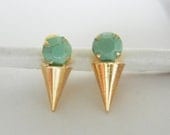 Beautiful Gold Spike and Mint Green Rhinestone Stud Earrings