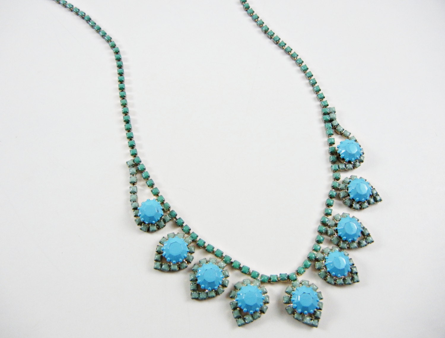 The Samantha Necklace - Hand Painted Vintage 1950s Rhinestone Necklace - Blue and Turquoise