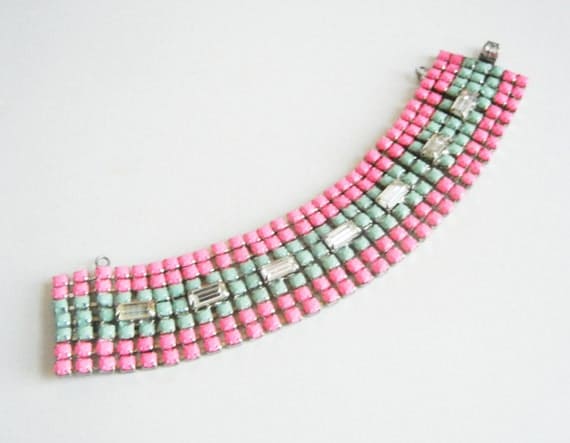 The Ollivia Bracelet - Neon Pink and Mint Painted Vintage Rhinestone Bold Bracelet - OOAK