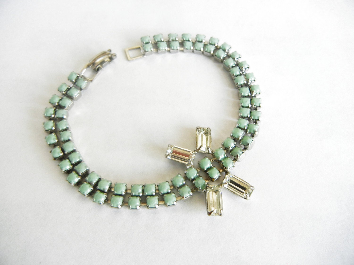 Vintages 1950s Hand Painted One Of A Kind Mint Green Rhinestone Bracelet