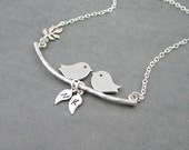 Birds on a Branch Necklace, Two Initials, Sterling Silver Bird Necklace,  Mama Bird Family Necklace, Love Birds, Mom, Couples