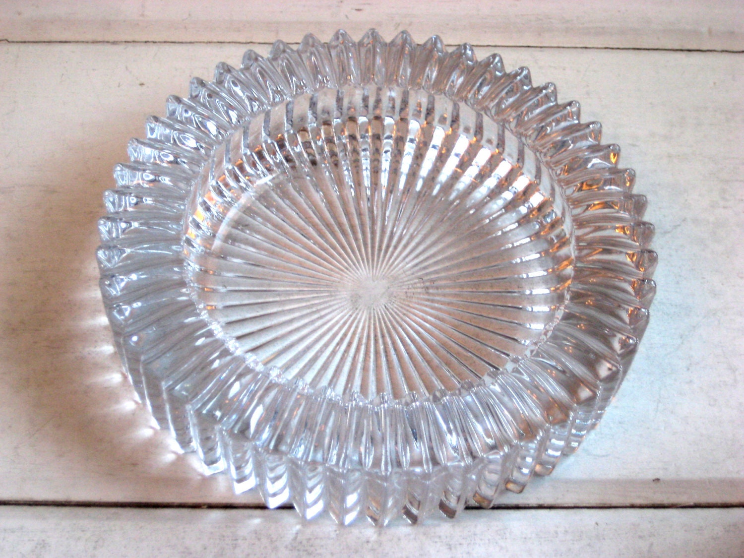 Art Deco styled glass ash tray, clear, ribbed detailing, jewelry storage, candy dish