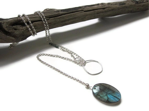 BLUE Labradorite and Blue Diamond Chip Sterling Silver Necklace Lariat Choker - Versatile Boho Wear