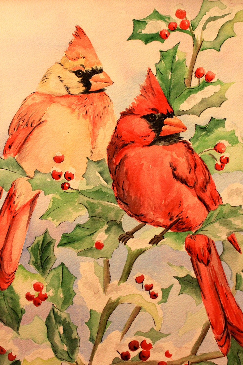 Red Cardinals on Winter Holly - blank note cards - set of 3