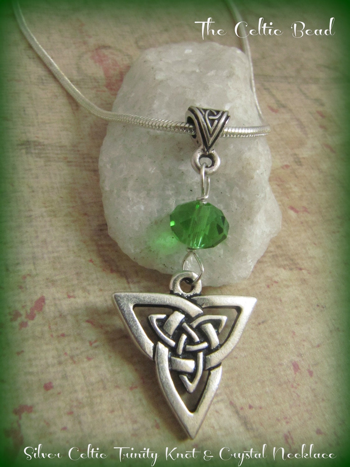Silver Celtic Trinity  Knot & Green Crystal Necklace