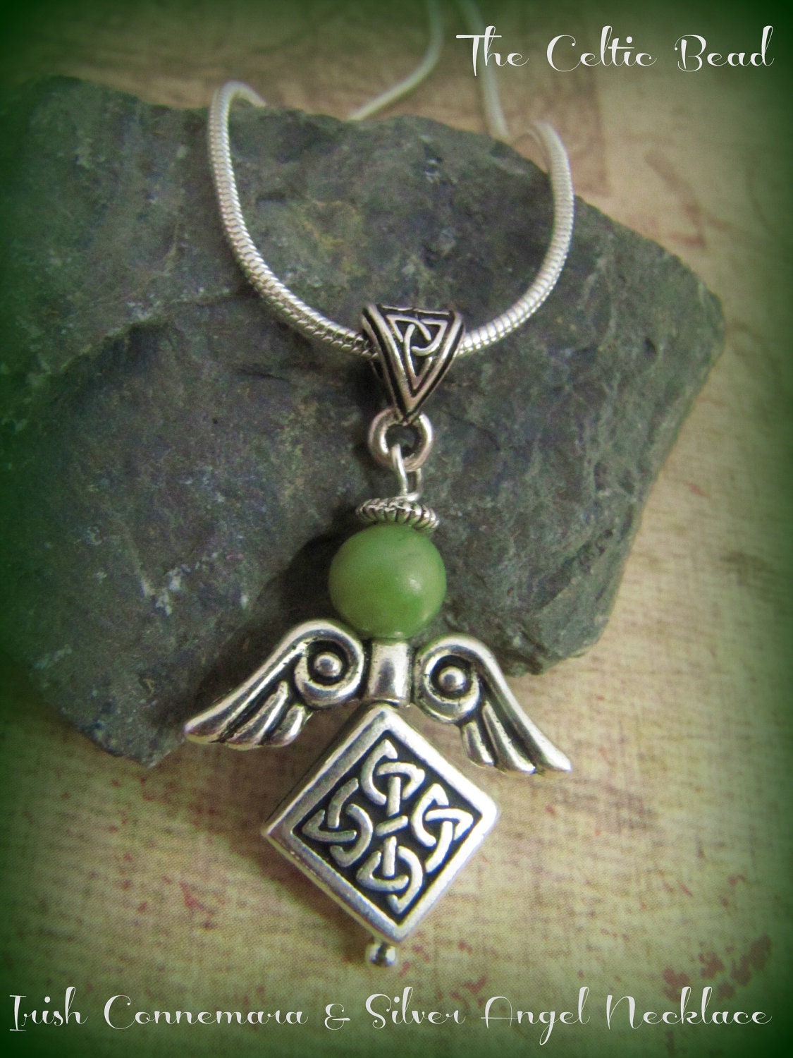 Irish Connemara Marble and Silver Celtic Knot Angel Necklace