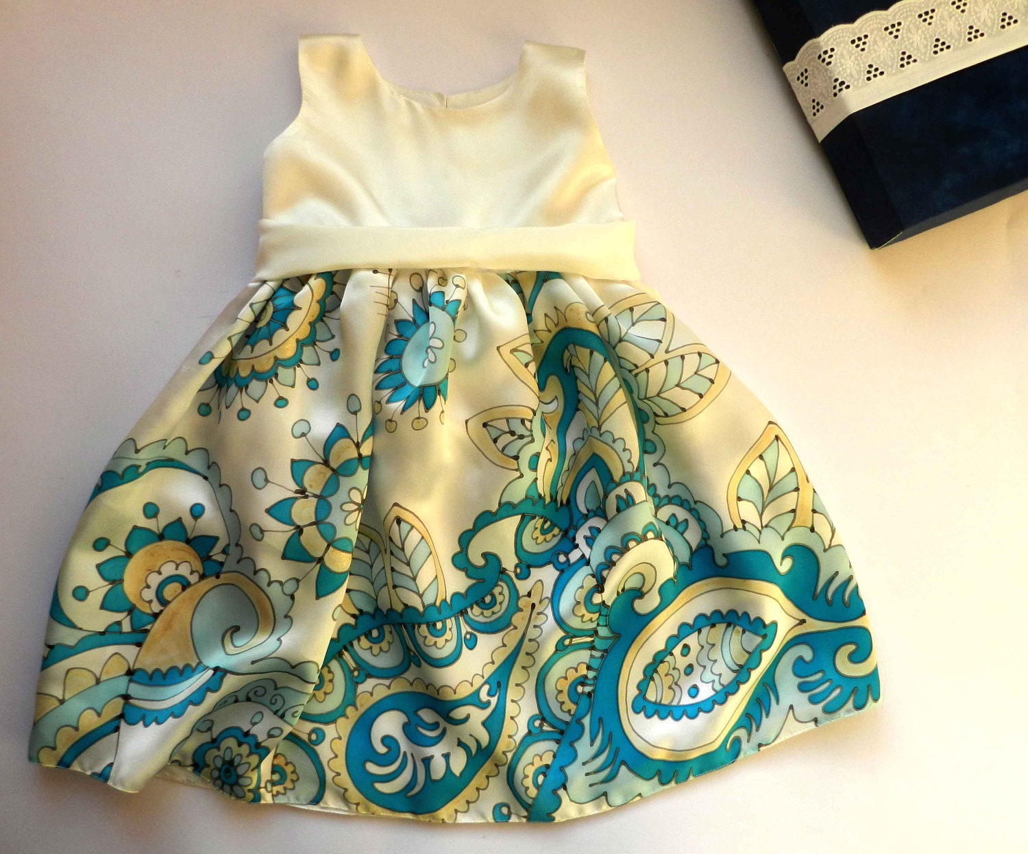 Russian style silk dress hand painted for kids.Paisley hand painted dress. Navy blue,  turquoise and  white  silk dress. Made to order.
