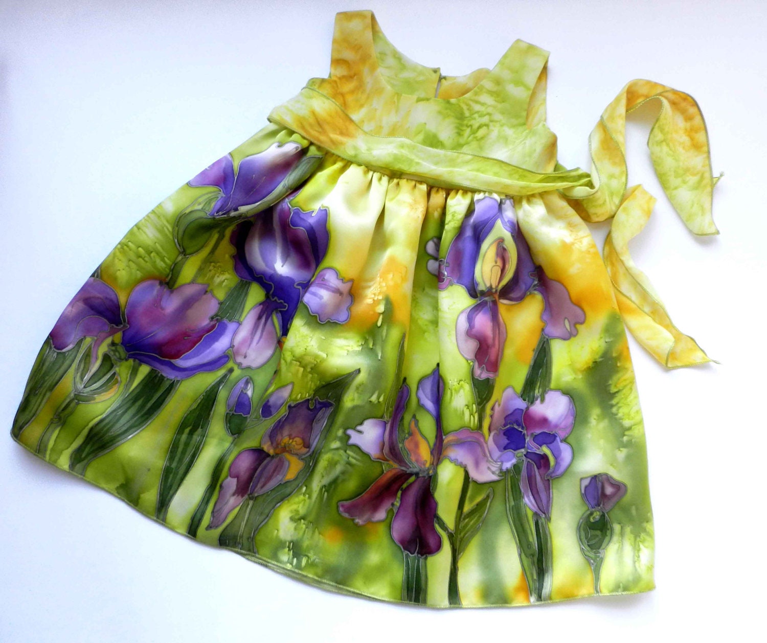 Flower silk dress hand painted for kids. Green and yellow dress  with violet  iris flowers .Made to order.