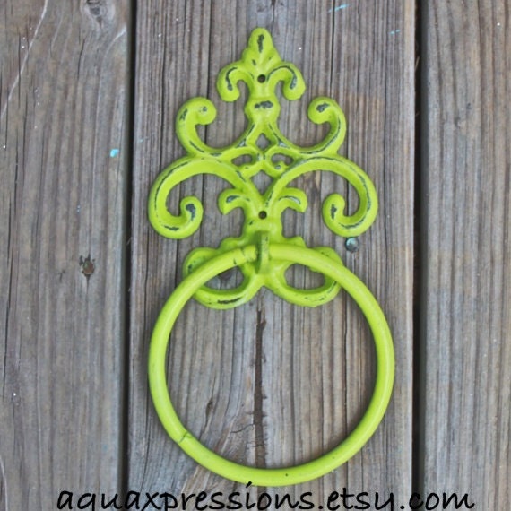 Hand Towel Holder Ring /Lime Green Fleur de lis /Distressed Iron /Bathroom Fixture /Accessory Rack /Shabby Chic /Gift Ideas /
