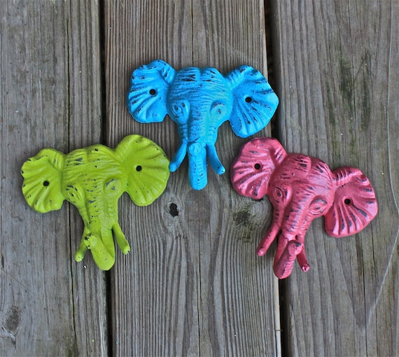 Set of 3 Bright "Elephant" cast iron Wall Hook:Pink,Turquoise,Lime Green,Shabby Lodge,Cabin,Safari Decor/ Key Hanger, Towel Holder
