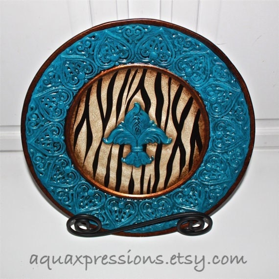 Decorative Plate /Zebra Print /Accented Cobalt Blue /Fleur de Lis /Shabby Chic /Home Decor /Upcycled /Painted Plates