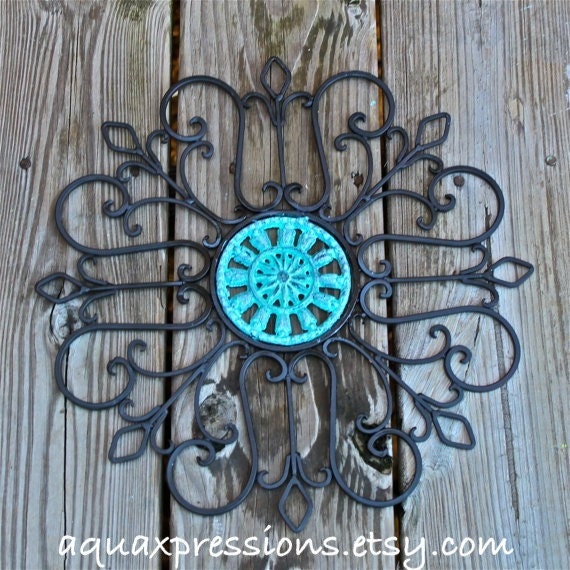 Metal Wall Decor /Aqua /Distressed Patio Decor /Painted /Living room Decor /Outdoor /Iron Art /Ornate Christmas Decor