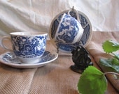 Set of 2 Alfred Meakin Cup and Saucers, Blue English Staffordshire Transferware, Ironstone, Fair Winds