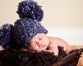 Baby Hat, 0 to 3 Month Baby Girl or Baby Boy Soft Chunky Crochet Pom Pom Mouse Ear Baby Hat - Navy Blue - Photography Prop Baby Animal Hat