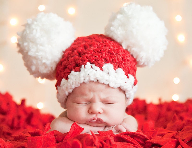 Christmas Baby Santa Hat, Baby Hat, 0 to 3 Month Baby Girl Baby Boy Crochet Pom Pom Mouse Ear Hat - Red, White - Photography Prop Santa Hat - TSBPhotoProps