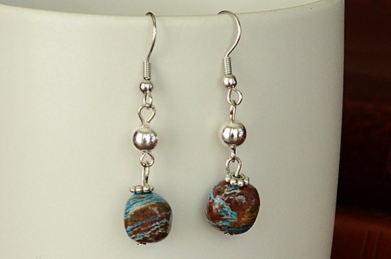 Dangle earrings, teal brown and silver earrings