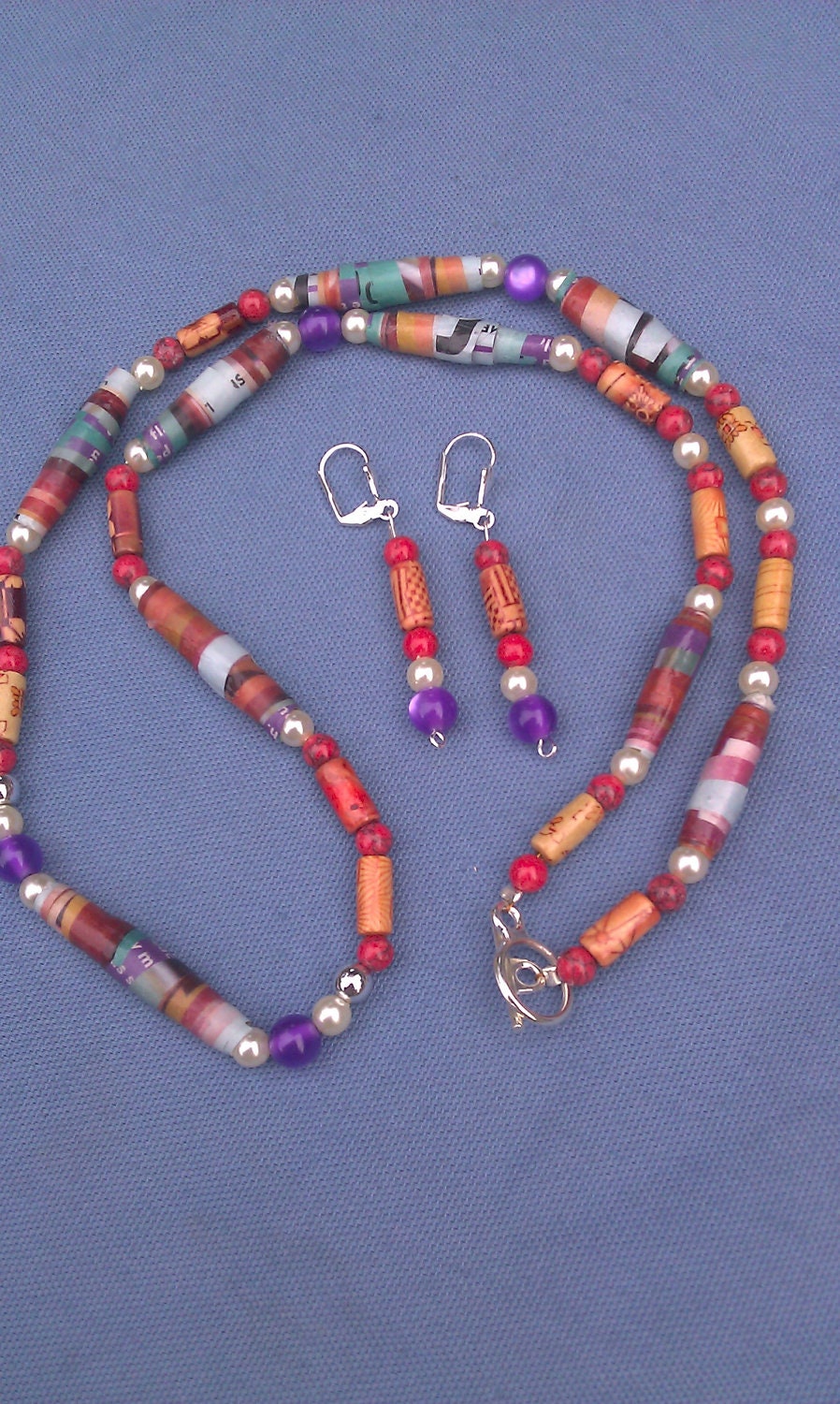 Paper wood purple red teal white pearl silver bead necklace earring