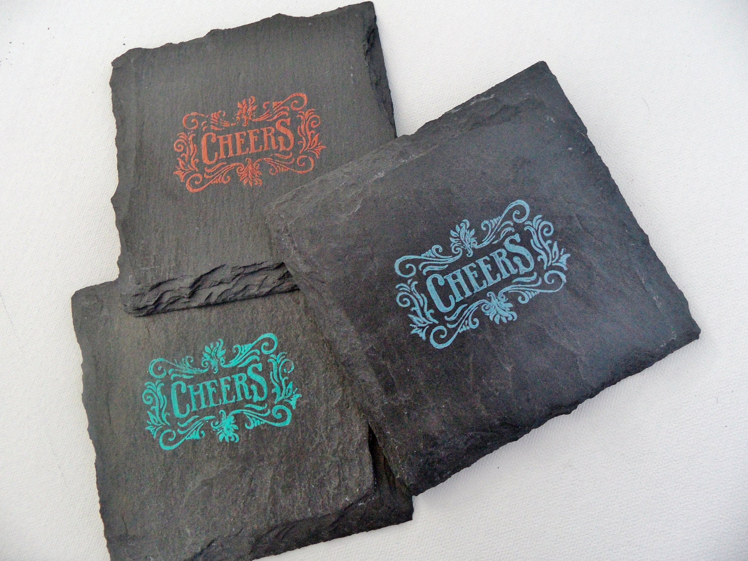 Cheers Square Slate Coasters (Set of 4) Party, Man Cave, Wedding, Engagement, Housewarming, Celebration