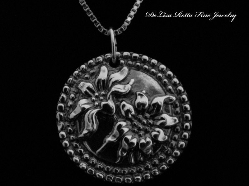 Recycled Silver Antiqued Sun Flower Pendant Necklace
