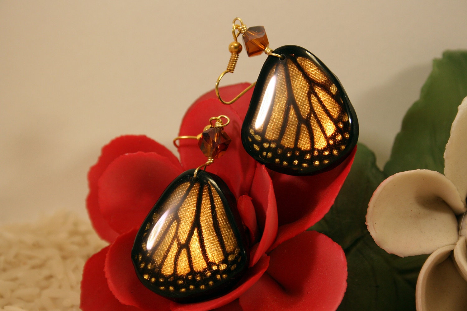 Real Monarch Butterfly Earrings,  Full Sculpt Bases.  Crystal Bead. Sophisticated Butterfly Earrings
