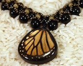 Butterfly Pendant, Beaded Necklace with Real Monarch Pendant.  Gorgeous weaved bead Black and Bronze.