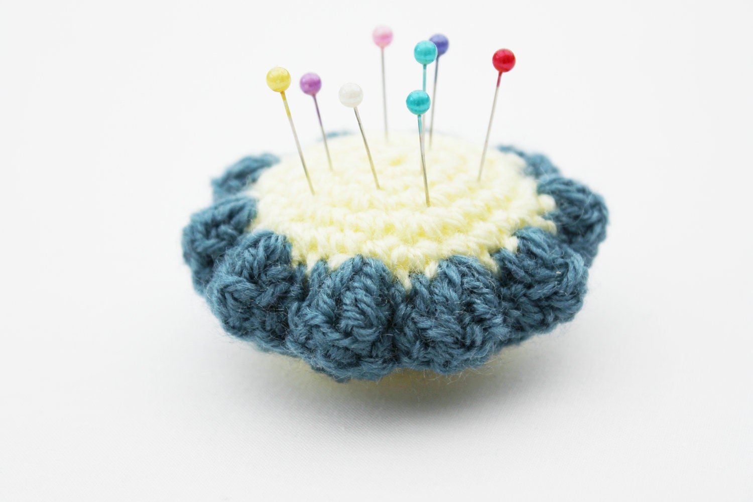 Pincushion flower - crochet pincushion - blue and yellow pincushion