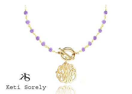 Handcrafted Initials Necklace Medium (Order Any Initials) - with Amethyst Gemstones