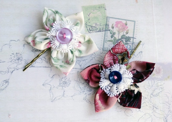 Flower Hair Pin accessories set Ecru Pink Burgundi Fabric Antic lace