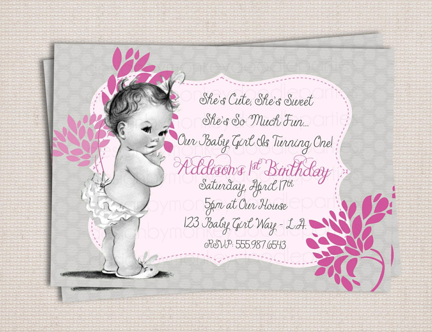 Vintage Mod Chic Baby Girl Birthday Party Printable Invitation Digital File Il_570xn