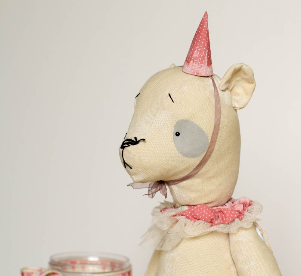 Bear Clown Collar  Pink Hat  - Happy Birthday Gift - Cotton Stuffed Toy