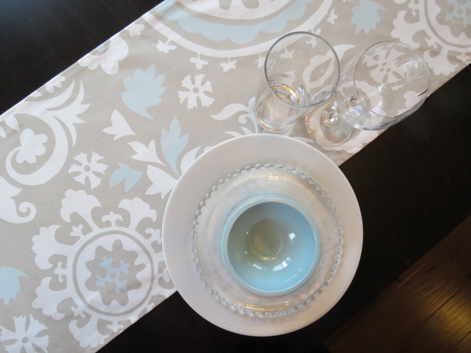 Suzani Table Runner in Taupe & Powder Blue