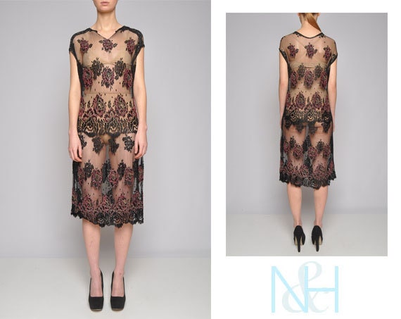 Vintage 20's Sheer Black Dress with Beaded Print