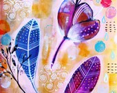 Flowers Feathers Abstract Art Original Painting Watercolor Gouache Acrylic Ink Original Drawing Nature Purple Blue Orange Decor Feathers