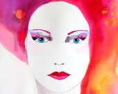 Portrait Face Original Painting Gouache Ink Drawing Contemporary Art Woman Pink Purple Gold Orange Original Portrait Modern Art Woman