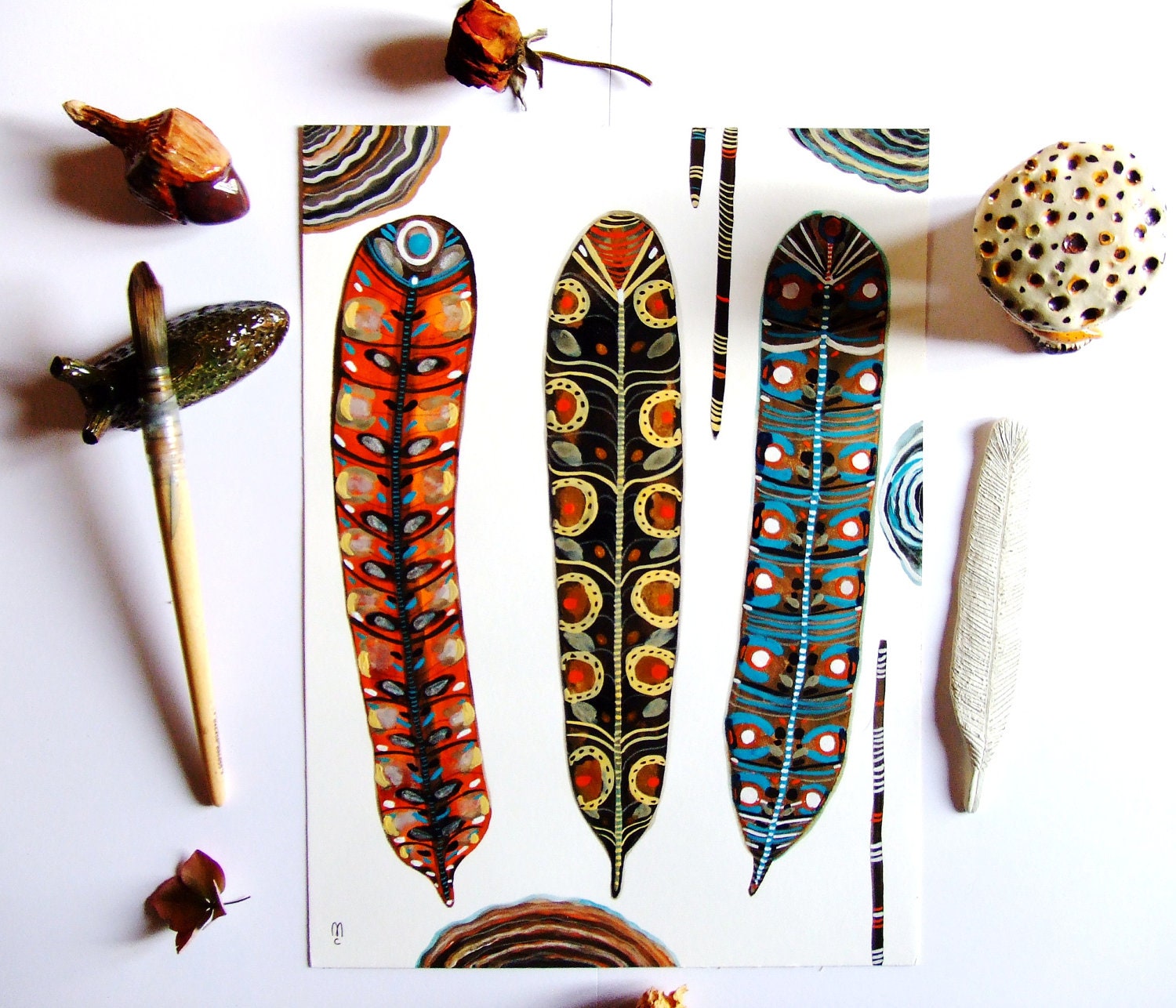 Feathers Original Painting Still Life Gouache Ink Drawing Feathers Bird Decor Feathers Wall Art Black Turquoise Orange Still Life Modern Art