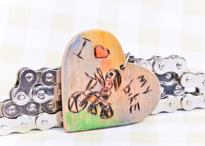 Bike Geek Keychain - Kid Art Pyrography - I love my Bike OOAK charm